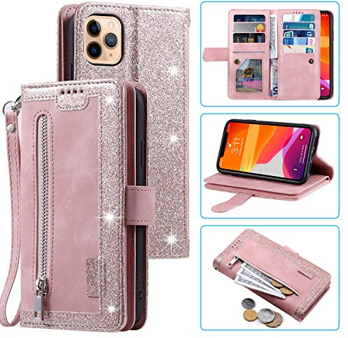 EYZUTAK Wallet Phone Case for iPhone 15 Pro Max, Retro Matte 9 Card Holder Slots Zipper Pocket Case PU Leather Magnetic Closure Kickstand with Wrist Strap Folio Flip Case - Rose Gold