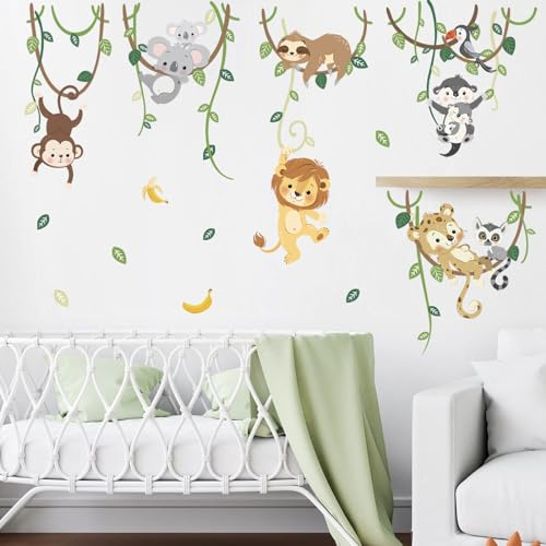 decalmile Väggklistermärken djungeldjur vinranka väggdekal lejon apa koala väggdekor sovrum barn baby barnkammare vardagsrum