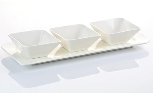 Fantastic Snack-Set 4teilig, 3 Schalen & 1 Platte creméweiß eckig Porzellan | elegantes Set zum snacken, dippen und genießen, Multifunktionalität Langlebigkeit und edles Design für verschiedenste Anlässe