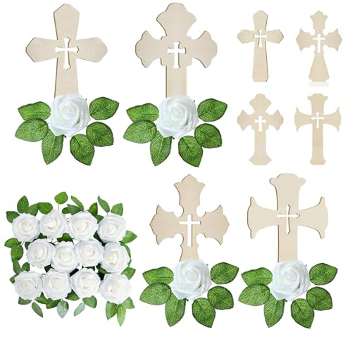 Hpbaggy 12 Stück Holzkreuz katholisch,mit weiße Rosen künstliche Blumen,Holzkreuze zum Basteln Kommunion Deko,Holzkreuz Taufe,Stehkreuz mit Basis,für Taufe,Kommunion,Hochzeit,Tischdekoration