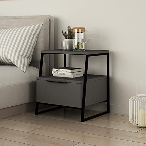 Nachttisch mit 1 Schublade und 1 offenem Stauraum| vielseitiger Bedside Table als Sofa Side Table mit Stauraum| moderne Metallbeine für Schlafzimmer| Wohnzimmer und Büro| 40 x 50 cm (Anthrazit)