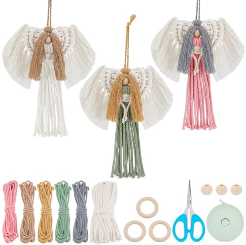 FREEBLOSS 3 DIY Makramee-Engel-Set Für Anfänger Und Erwachsene, Weihnachtsengel-Set, Hängeornamente Für Schlafzimmer Und Weihnachtsbaum-Aufhängung