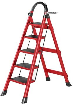 K IKIDO Scaletta pieghevole con corrimano, 5 gradini, antiscivolo, facile da riporre, ampi gradini, adatta per cucina, casa e soggiorno, portata fino a 150 kg (rosso, 5 livelli)