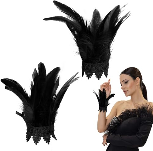 PHIEZC Feder-Handgelenkmanschetten für Damen, Gothic-Federarmbänder, schwarze Federmanschetten, geeignet für Halloween, Cosplay usw. (Schwarz, 1 Paar)