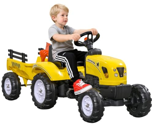 HOMCOM Trattore a Pedali per Bambini 3+ Anni con Rimorchio Clacson Giallo | Rastrello e Pala, Macchina Cavalcabile