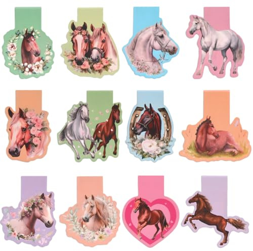 12 Pcs Marque Page Magnetique Chevaux, Enfant Marque Page Livre, Signet Marque Page Magnétique Animaux, Signet Magnétique pour Enfants Filles Garçons pour Fourniture Bureau Scolaire Papeterie