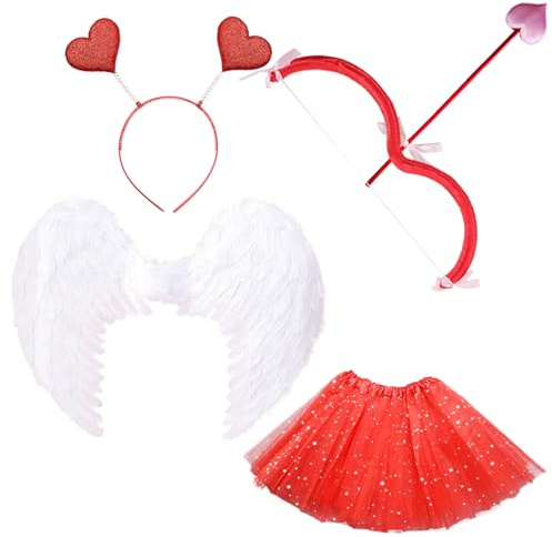 Chyuxinda 4pcs Cupid Kostüm Set Engel Wing Cupid Bow Herz Haarband Tutu Röcke für Damen Halloween Valentinstag Weihnachten Cosplay Party