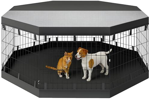 PawHut Parc pour Chien, enclos Chien intérieur, 8 Panneaux Pliables, avec Porte, Couverture supérieur et inférieure, Acier, 61 x 61 cm, Noir
