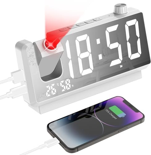 Cuteefun Projection Alarm Clock, Digital Alarm Clock Bedside with Large 7 LED Display, 180° Projector, Dual USB Port, Snooze, Temperature and Humidity, 3 Level Brightness, 12/24H, Dual Alarms, White