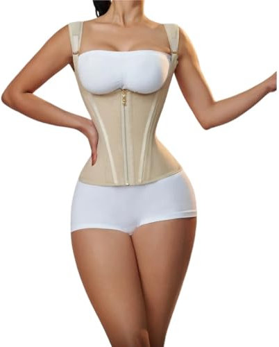 TXLEAPEY Bauchweggürtel Korsett Damen Body Shaper Shapewear Damen Weste Tops Doppelte Kompression Taillentrainer Korsett Verstellbarer Reißverschluss und Hakenösen(Beige,L)