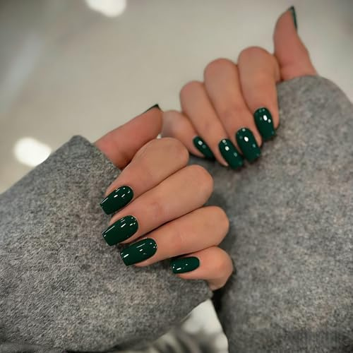 KQueenest Tannen Grün Press On Nails Mittel Eckig, Sarg Nägel zum Aufkleben Kurz, Glänzende Jelly-Gel Fake Nails Fingernägel zum aufkleben Ballerina, Einfarbig Acryl Kunstnägel für Frauen, 24 Stück