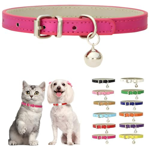 Hot Pink Kitten Collar With Bell, Pu Leather XXS Dog Collar For Small Dogs Soft Puppy Collar Adjustable Buckle For Tiny Teacup XS Extra Small Female Girls Cats Pets Like Chihuahua, XX-Small