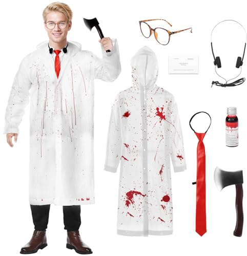 Joyesplay Costume psycho pour adultes comprenant un manteau de pluie, une hache ou un couteau, des lunettes, une cravate rouge, une carte de visite et un costume d'Halloween psycho pour homme