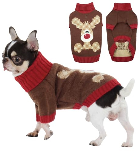 Hjumarayan Hundepullover Weihnachten, Pullover Rentier mit Geschirr Öffnung Warme Rollkragen Hundepulli für Chihuahua, Pomeranian-Welpe, Mini-Yorkie, Braun XS