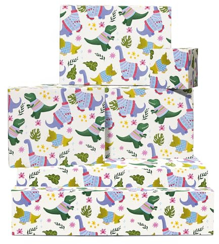 Geschenkpapier Dinosaurier – Pullis, Weihnachten, Spaß – 6 Blatt für alle Altersgruppen – Mit Stickern von Central 23