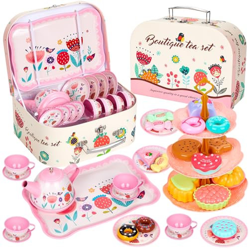 Hovetne 33 PCS Tea Set for Toddlers, Kids Tea Party Pretend Play Toy with Dessert Toy, Plates, Teapot, Childrens Tin Play Sets for Girls Aged 3 4 5 6 7 8