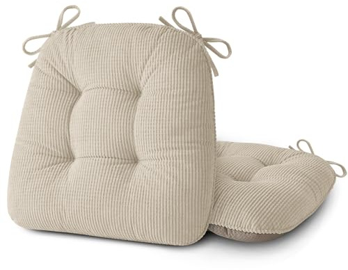 ELFJOY Dining Chair Cushions Set of 2 Thick Non Slip Kitchen Chair Pads with Ties Comfortable Indoor Kitchen Seat Cushions 18 x 18 x 3 Beige