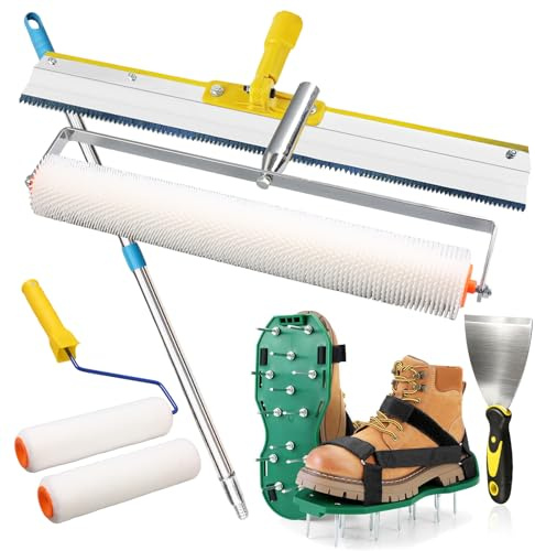 TIHOOK Profi Bodenbeschichtung Entlüftungsroller Set, 6 tlg Set mit 11mm Entlüftungswalze, 30mm Nagelschuhe, 162cm Teleskopstange Edelstahl Stehrakel Farbrolle und Spachtel, für Ausgleichsmasse Boden