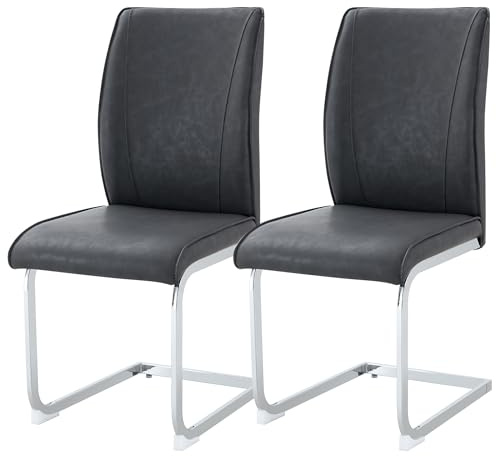 SEEDWAVE Freischwinger 2er Set Esszimmerstühle PU Küchenstuhl mit Geschwungener Rücklehne, Polsterstuhl inkl. Metallbasis mit Anti-Rutsch-Pads (Dunkelgrau)