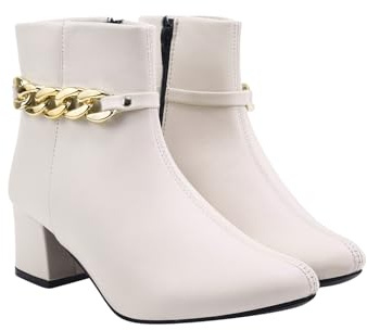 Shoetopia Stivaletti da donna in ecopelle, eleganti con tacco a blocco, chiusura lampo, con fibbia dorata, per il tempo libero e le feste, panna, 38 EU