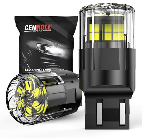 Cenmoll Bombilla W21/5W blanca, 3200LM superbrillante 12V-24V T20 7440 7443 W21W LED de repuesto para luces de marcha atrás, freno, intermitentes, estacionamiento y DRL, 1 par
