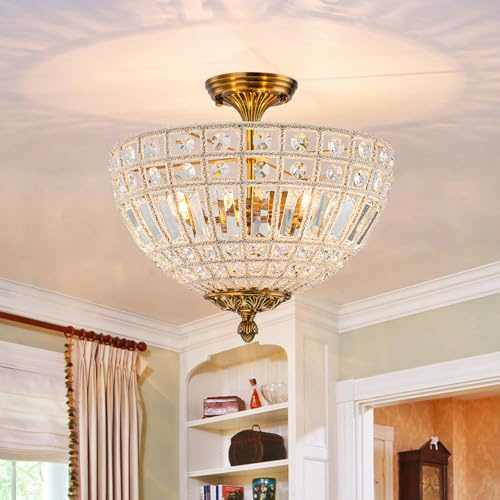 HUOKU Crystal Semi Flush Mount Ceiling Light, 3-Light Antique Gold Flush Mount Chandelier with Hand-Strung Crystals, E12 Base Vintage Hallway Light Fixture for Entryway, Bedroom, Dining, Kitchen
