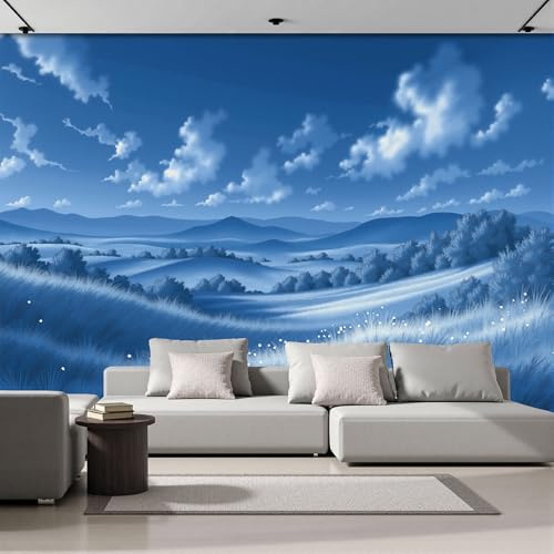 Papel Pintado Panorámico 250An×175Al cm Colinas Onduladas Tejido No Tejido Papel Tapiz Fotomurales,Decoración De Pared Naturaleza Hierba Ilustración Murales Diseno Fotográfico Dormitorio Salón Azul