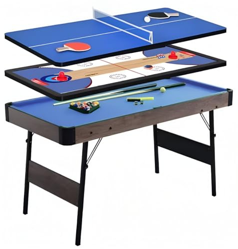 Devessport - Mesa Multijuegos 5 en 1 Plegable Las Vegas | Billar Americano, Air Hockey, Ping Pong, Curling y Tejo | Mesa de Juegos con Patas Metálicas y Accesorios | 152x76x79,5 cm