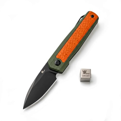 YF SMART Coltello Tascabile EDC Chiudibile,Lama 5,6 cm con Rivestimento DLC Nero, Impugnatura in G10 Verde Oliva e Intarsi in Fibra di Carbonio, Double-Detent Slip Joint, Hardware in Titanio Satinato