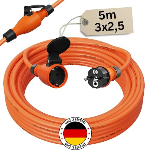 Verlängerungskabel 5 Meter IP54 Außen Verlängerung 5m Stromkabel Außenbereich Kabel Strom Verlaengerungskabel Gummikabel H07BQ-F 3x2,5 Schuko Outdoor Extension Cord