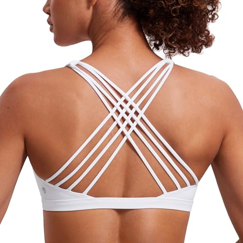 CRZ YOGA Naked Feeling Strappy Sports Bras for Women - Criss Cross Back Wireless Padded Cami Yoga Workout Top White Small