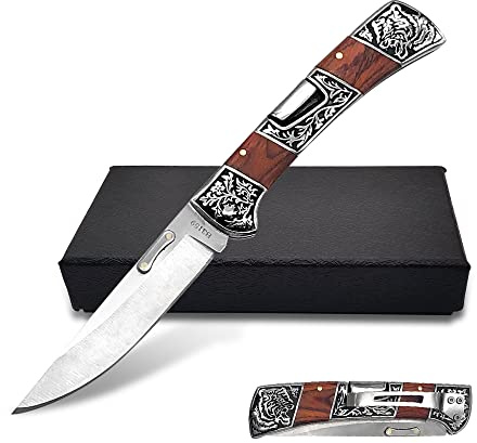 FU-GLBY Classical Folding Pocket Knife with clipCollection Engraved Bolsters Tactical Survival Knife Elegent EDC Knife for Men (red wood)