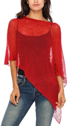 SHU-SHI Poncho da donna in maglia velata, leggera, taglia unica, Rosso, taglia unica