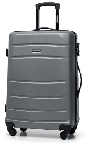 WITTCHEN Globe Line Mittelgroßer Koffer Trolley Reisekoffer Aufgabegepäck aus ABS Hartschale 4 Rollen Zahlenschloss | Größe M | Grau Lufthansa/Eurowings/Ryanair/Condor/Discover Airlines