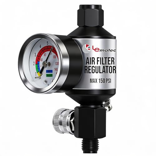 LE LEMATEC Filtre Régulateur pour Compresseur d’Air – Combo Séparateur d’Eau et Filtre à Huile avec Manomètre Intégré – Outil Anti-Humidité pour Air Comprimé (AI303-R1)