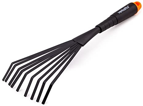 MIVOS Hand-Fächerbesen aus Stahl mit 9 Elastische Zinken – Laubbesen für Garten - Handrechen für Laub Unkraut Grasschnitt - Kleinfächerbesen zum Reinigen - Arbeitsbreite 12 cm