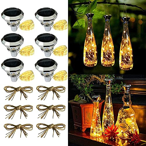 ADLOASHLOU Solar Diamond Wine Bottle Lights 6 Pack 20LED Outdoor Waterproof Multicolor Fairy Light String, Suitable for Most Wine Bottle Mouths, for Garden, Terrace, Party Decoration warm
