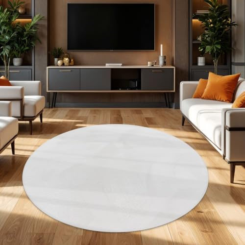 TT Home Wohnzimmer Teppich Hochflor Langflor Kunstfell Weich Modern Unifarben Flauschig, Farbe:Weiß, Größe:80 cm Rund