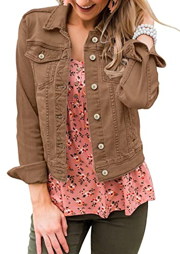 Roskiky Ladies Jeans Jacket Cotton Jacket Women Denim Jacket Womens Uk Brown Ladies Denim Jacket Casual Jackets For Women Brown Size Small fits Size 8 to Size10