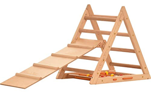 RINAGYM Kletterdreieck für Kinder - Klettergerüst aus Holz - Leiter, doppelseitige Rutsche, Spielnetz - Indoor-Spielplatz, Spielturm, Kletterturm für Kinder - Hält bis zu 60kg Gewicht