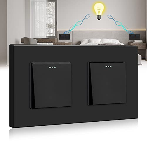 BSEED Lichtschalter Doppel 1 Fach 2 Weg, Wechselschalter, PC Panel Lichtschalter Unterputz, Taster Schalter, Wandschalter Schalter Unterputz, Light Switch für Wohnzimmer, Küche, Büro, Schwarz-157mm