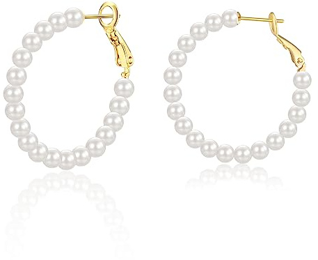 Perlenohrringe Creolen Silber 925 | 18k Vergoldet Perlen Ohrringe für Damen Frauen Mädchen (20mm/30mm/40mm/50mm)