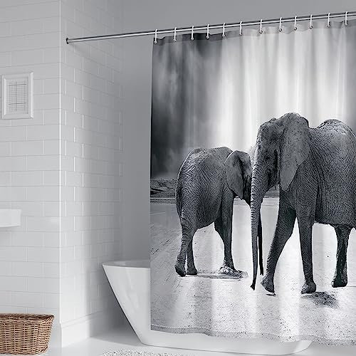 Whoiy Duschrollo Grau für Badewanne, Duschvorhänge Dusche 165X200cm Polyester Duschvorhang 2 Elefanten Waschbar Wasserdicht