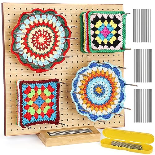 Aeelike Wooden Granny Square Spanner Groß, 29cm Blocking Board Häkeln Groß mit Versenkter Stand, Langlebig Sperrbrett Für Granny Square, Häkel Blockierbrett Holz mit 30 Stahlnadeln, 1 Aufbewahrungsbox