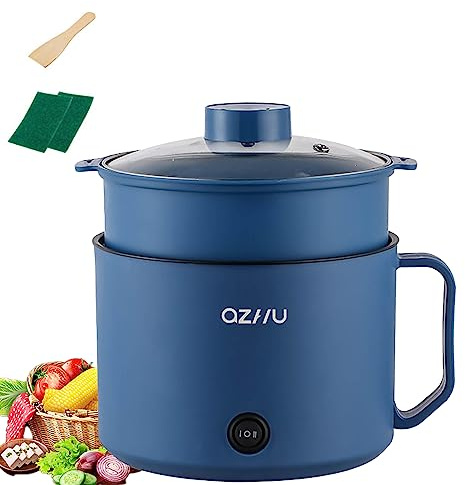 Electric Hot Pot,1.8L Non-stick Mini Electric Cooker with Steamer Rapid Noodles Cooker,Multifunctional Electric Skillet,Fry/Stew/Steam,Dual Power Control for Pasta Soup Porridge Dumplings Eggs (Blue)