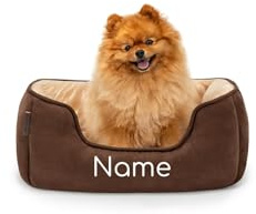 lionto Lit pour Chien 2-en-1 avec entrée Confortable, Couchage Douillet réversible pour Chiens et Chats, 60x50 cm, Coussin pour Chien en suédine Facile d'entretien, Marron/Beige (avec nom imprimé)