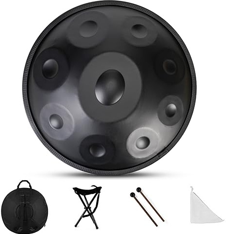 TRAGLO Stahl-Handtrommel, Steel Tongue Drum, Harmonic Handpan Drum in d-Dur 9 10 Töne 22 Zoll mit weicher Handpan Tasche，Harmonische Percussion für Klangheilung, persönliche Meditation 9Note black