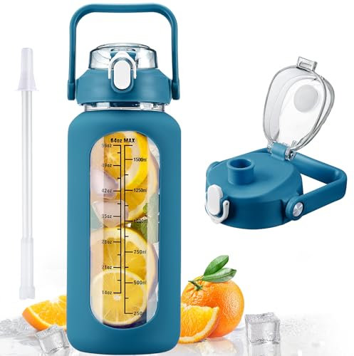 kytffu 64oz Glass Water Bottle with Straw, Half Gallon Motivational Bottle, 2L Leakproof Large Glass Water Jug for Gym Home Office, Iron Blue