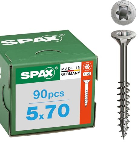 SPAX Edelstahlschraube A2 5 x 70 mm, 90 St. - Senkkopf T20, Teilgewinde | Rostfreie Holzbauschraube mit Teilgewinde, Senkkopf und 4CUT-Spitze für den Außenbereich und Feuchträume, Made in Germany