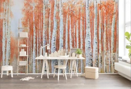 Vintage Nostalgia Woods Forest Boys Girls Effect 3D Black and White Orange Birch Tree Forest Hand Painted Oil Painting Grey Silver Graffiti Living Room Bathroom Bedroom Kitchen Wallpaper